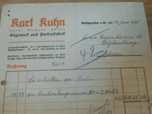 Sägewerk und Parkettfabrik - Karl Kuhn in Stadtprozelten a.M., 1938 , bei Miltenberg , altes Dokument !!