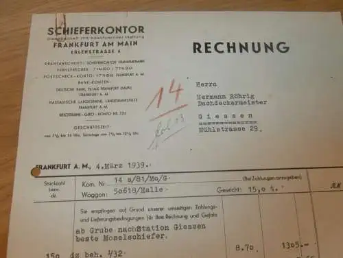 Schieferkontor in Frankfurt a. Main , 1939 , Schiefer , Reklame , altes Dokument !!