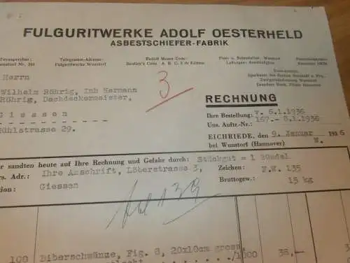 Fulguritwerke - Adolf Oesterheld in Eichriede b. Wunstorf , 1936 , Asbest , Reklame , altes Dokument , Fulgurit !!!