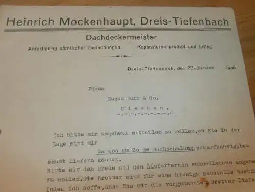 Dachdecker Heinrich Mockenhaupt in Dreis-Tiefenbach b. Netphen , 1938 , altes Dokument !!!