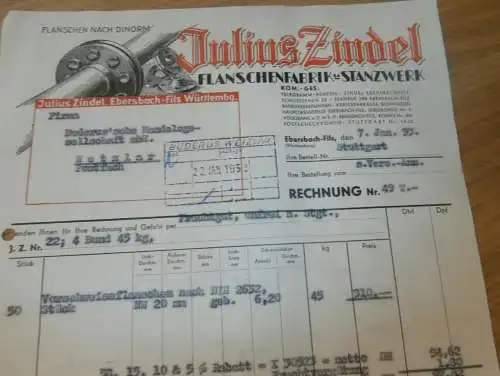 Flanschenfabrik - Stanzwerk , Julius Zindel in Ebersbach a. Fils , 1953 , Reklame , altes Dokument !!