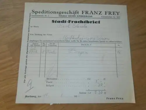 Frachtbrief Spedition Franz Frey in Marburg a. Lahn , 1935 , Edeka Grosshandel , Georg Zimmermann , altes Dokument