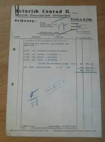 Heinrich Conrad in Treis a.d. Lumda , 1938 , Staufenberg , Holzbau , Holzhandel , Sägewerk , Lollar , altes Dokument !!