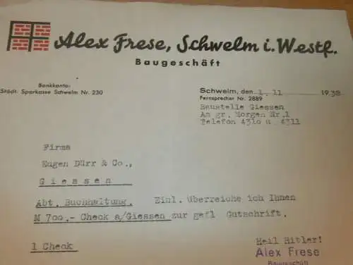 Baugeschäft - Alex Frese in Schwelm i. Westfalen , 1938 , altes Dokument !!!