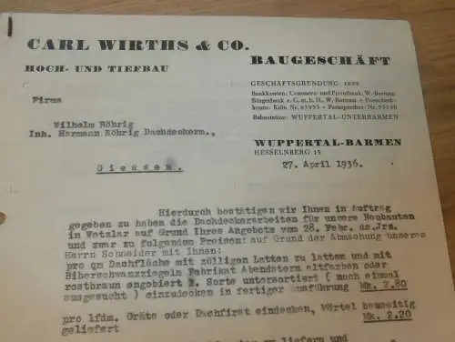 Hoch- und Tiefbau Carl Wirths & Co, in Wuppertal-Barmen , 1936 , altes Dokument !!!