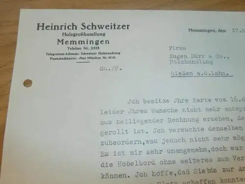 Holzhandel - Heinrich Schweitzer in Memmingen , 1938 , altes Dokument !!!