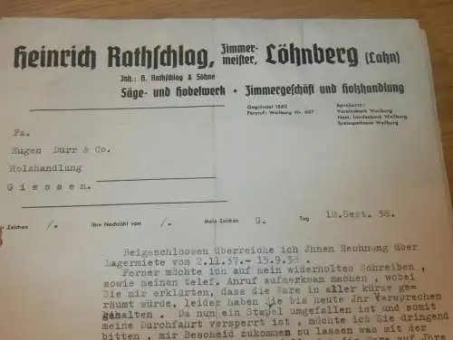 Hobel- und Sägewerk Heinrich Rathschlag in Löhnberg a. Lahn , 1938 , altes Dokument !!!