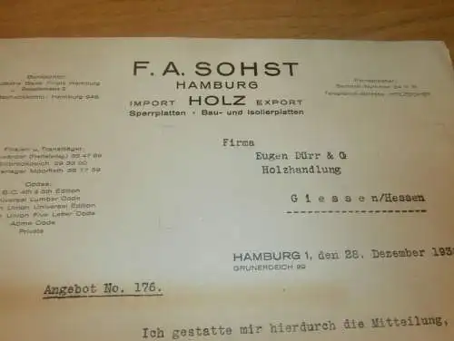 Holzhandel - F.A. Sohst in Hamburg , 1938 , Holz , Holzbau , altes Dokument !!!