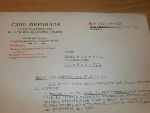 Carl Deparade in Bad Liebenwerda , 1938 , Holzhandel , Holz , Holzbau , altes Dokument !!!