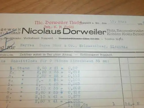 Dampfsägewerk - Nicolaus Dorweiler in Boppard a. Rhein , 1938 , Reklame , altes Dokument !!!