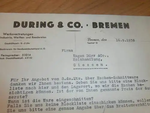 Düring & Co. in Bremen , 1938 , Werft , Reederei , Holzhandel , Sägewerk , Holz , altes Dokument !!!