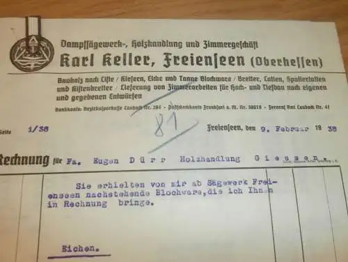 Sägewerk - Karl Keller in Freienseen b. Laubach , 1938 , Reklame , altes Dokument !!!