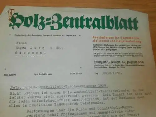 Holz-Zentralblatt in Stuttgart , 1938 , Zeitschrift Holzhandel , Sägewerk , altes Dokument !!!