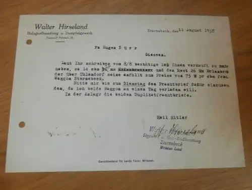 Walter Hirseland in Sternebeck b. Prötzel , 1938 , Wriezen , Stempel , Holzhandel , Sägewerk , Holz , altes Dokument !!