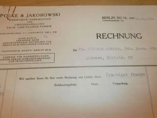 Webwaren-Fabrik Polke & Jakobowski in Berlin , 1934 , Weberei , Reklame , altes Dokument !