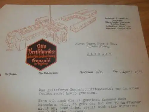 Holzfabrik - Otto Bretschneider in Cranzahl b. Sehmatal i. Erzgeb., 1938 , Reklame , altes Dokument !!