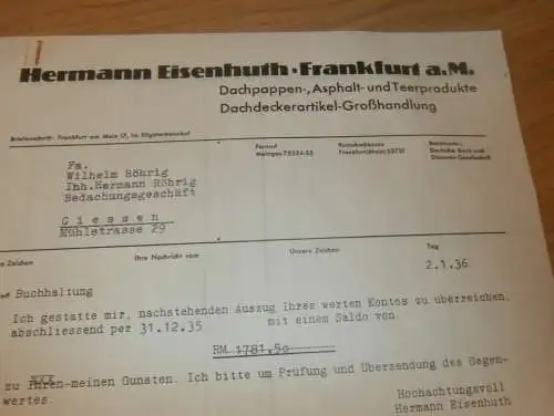 Dachpappe und Asphalt - Hermann Eisenhuth in Frankfurt a. Main , 1936 , alte Rechnung !!