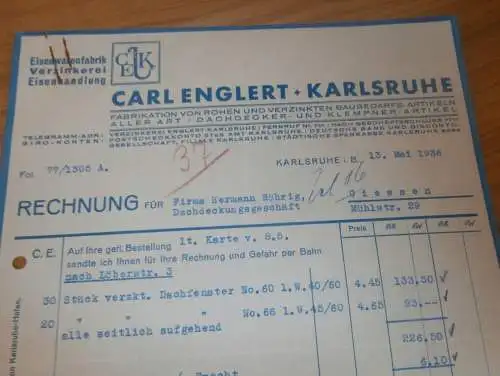 Eisenwarenfabrik / Verzinkerei - Carl Englert in Karlsruhe , 1936 , alte Rechnung !!!