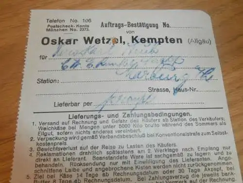 Oskar Wetzel in Kempten i. Allgäu , 1928 , Reklame , altes Dokument !!!