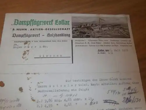Dampfsägewerk Lollar AG , 1938 , B. Nuhn , Holzhandel , Holzbau , Holz , Gießen , altes Dokument !!!