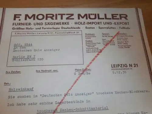 F. Moritz Müller in Leipzig , 1938 , Sägewerk , Holzbau , Holz , altes Dokument !!!