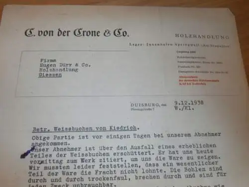 C. von der Crone in Duisburg Innenhafen , 1938 , Holzhandel , Holzbau , Holz , altes Dokument !!!