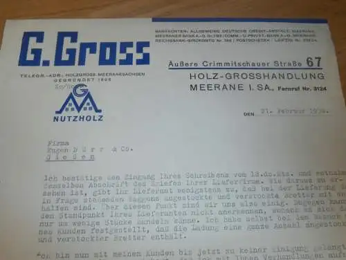 G. Gross in Meerane i. Sa. , 1938 , Holzhandel , Holzbau , Sägewerk , altes Dokument !!!
