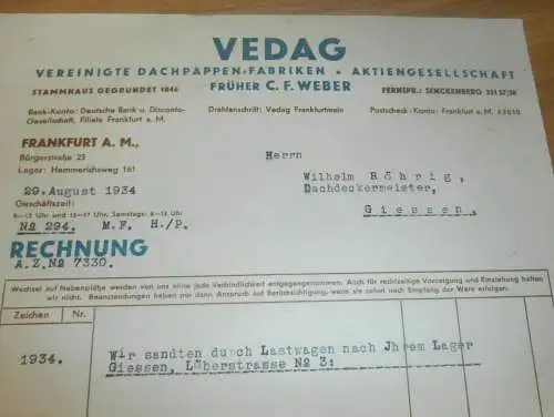 VEDAG - Dachpappenfabrik in Gießen , 1934 , C.F. Weber in Giessen , altes Dokument !