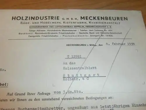 Holzindustrie Meckenbeuren , 1938 , Säge- und Hobelwerk , Holzbau , Holz , altes Dokument !!!
