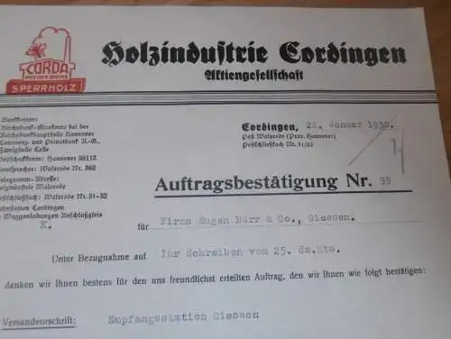 Holzindustrie Cordingen AG , 1938 , Post Walsrode b. Hannover , altes Dokument !!!