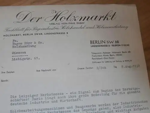 Der Holzmarkt von Paul Parey in Berlin , 1938 , Verlag für Holzhandel , Zeitschrift , altes Dokument !!!