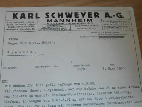 Karl Schweyer AG in Mannheim , 1938 , Holzimport , Dampfsägewerk , altes Dokument !!!