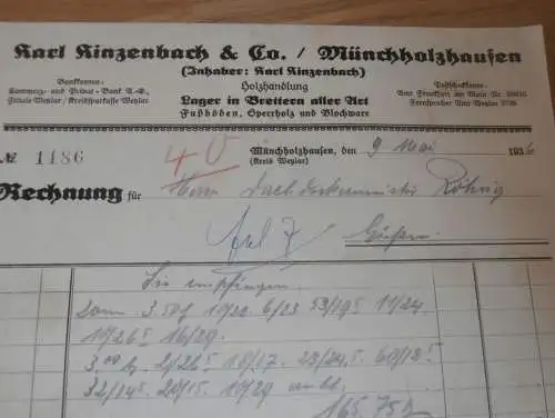 Karl Hinzenbach & Co in Münchholzhausen b. Wetzlar , 1936 , Holzhandel , Holz , altes Dokument !!!