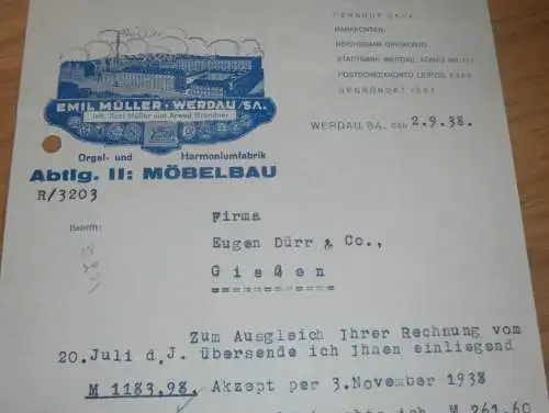 Emil Müller in Werdau i. Sa., 1938 , Möbelbau , Holzbau , Holz , altes Dokument !!