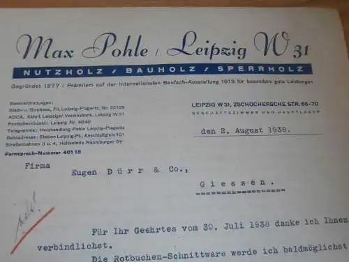 Max Pohle in Leipzig , 1938 , Nutzholz und Bauholz , Holzbau , altes Dokument !!!