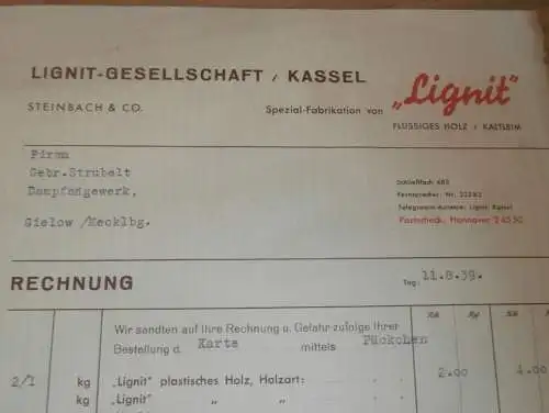 Lignit Gesellschaft Kassel / Spangenberg , 1939 , flüssiges Holz , Reklame , altes Dokument !!