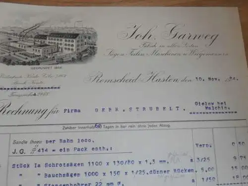 Sägen und Messer - Johann Garweg in Remscheid-Hasten , 1934 , Reklame , altes Dokument !!