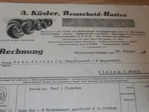 Gatter und Sägen - A. Küster in Remscheid-Hasten , 1934 , Reklame , altes Dokument !!