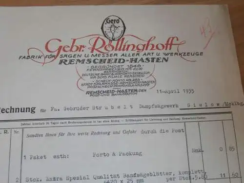 Messer und Sägen - Gebrüder Röllinghoff in Remscheid-Hasten , 1935 , Reklame , altes Dokument !!