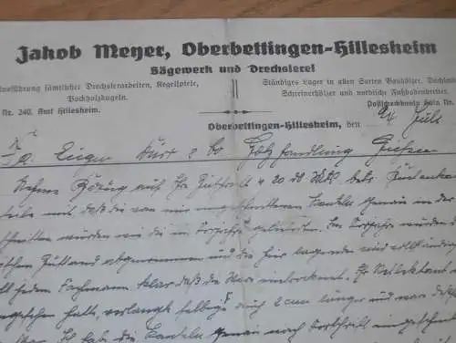Sägewerk und Drechslerei - Jakob Meyer in Oberbettingen - Hillesheim , 1938 , Reklame , altes Dokument !!