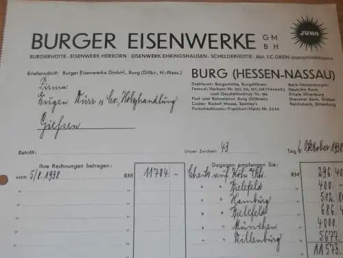 Eisenwerke Burg b. Ehringshausen / Wetzlar , 1938 , Reklame , altes Dokument !!