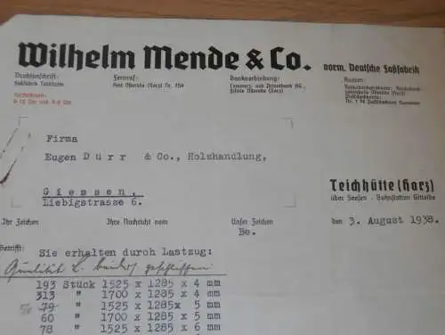 Faßfabrik - Wilhelm Mende & Co. in Teichhütte / Harz , 1938 , Bad Grund , Reklame , altes Dokument !!