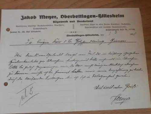 Sägewerk und Drechslerei - Jakob Meyer in Oberbettingen - Hillesheim , 1938 , Reklame , altes Dokument !!