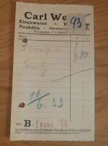 Carl Wendt in Berlin Neukölln , 1933 , Reklame , altes Dokument !!