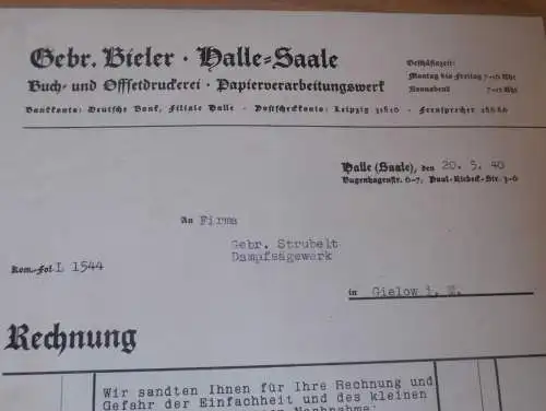 Druckerei - Gebrüder Bieler in Halle a. Saale , 1940 , Reklame , altes Dokument !!