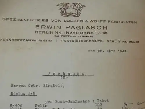 Spezialvertrieb - Erwin Paglasch in Berlin , 1941 , Reklame , altes Dokument !!
