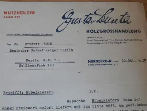 Holzhandel - Gustav Leunta in Nürnberg , 1938 , Reklame , altes Dokument !!