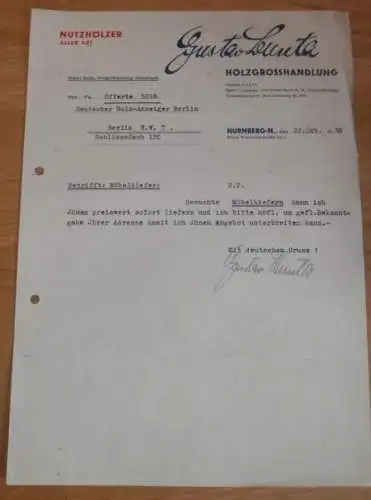 Holzhandel - Gustav Leunta in Nürnberg , 1938 , Reklame , altes Dokument !!