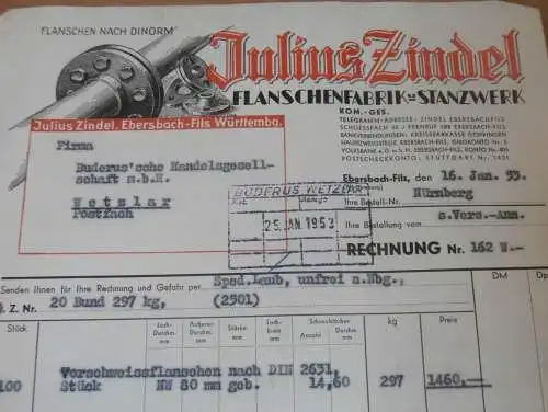 Flanschenfabrik - Stanzwerk , Julius Zindel in Ebersbach a. Fils , 1953 , Reklame , altes Dokument !!