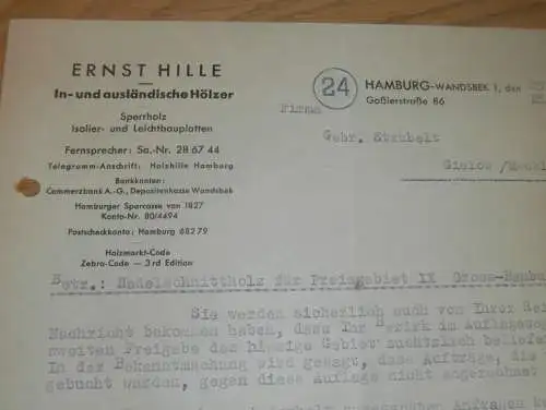 Ernst Hille in Hamburg-Wandsbek , 1944 , In- und ausländische Hölzer , Reklame , altes Dokument !!